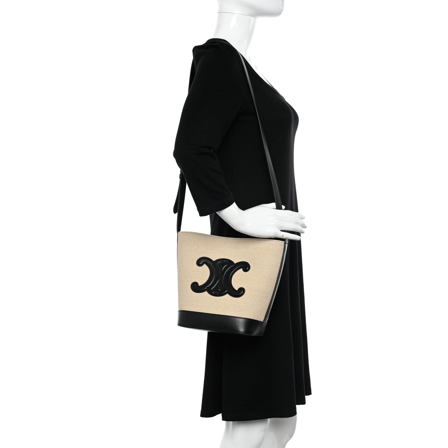 Celine Canvas Calfskin Triomphe Small Bucket Bag Vanilla Black 2 of 10