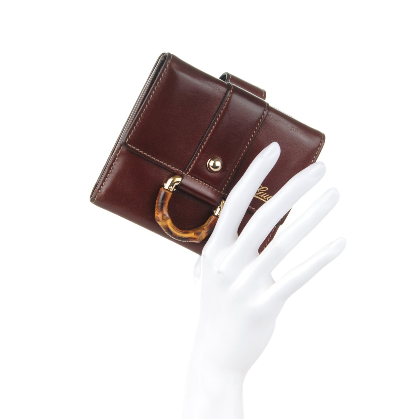 Calfskin Bamboo D Ring Compact Wallet Brown