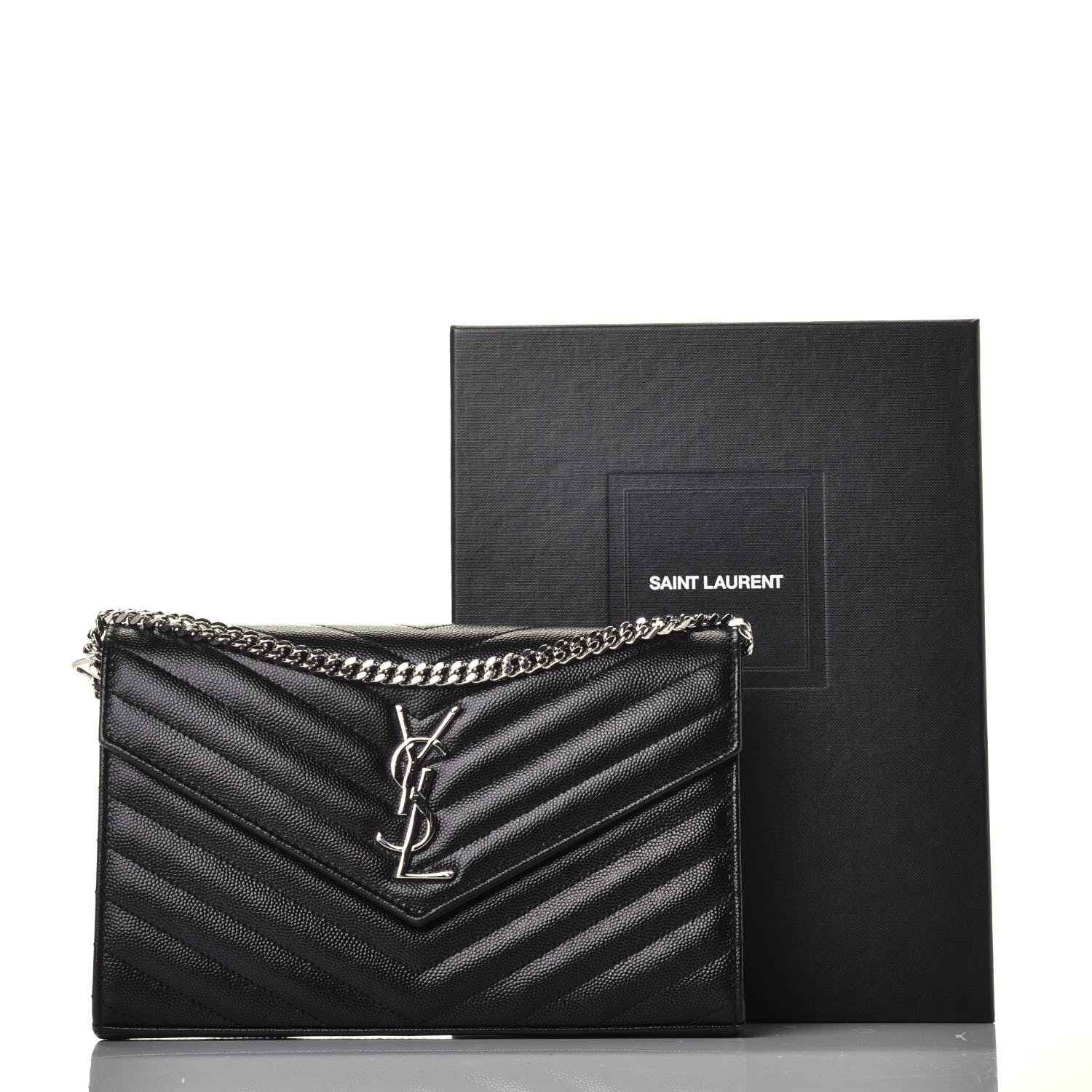 Saint Laurent Grain De Poudre Matelasse Chevron Monogram Chain Wallet Black 8 of 9