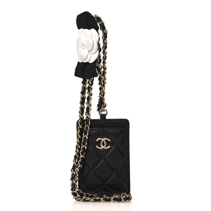 Chanel Lambskin Quilted Camellia Bow Card Holder On Chain Black 1 of 7