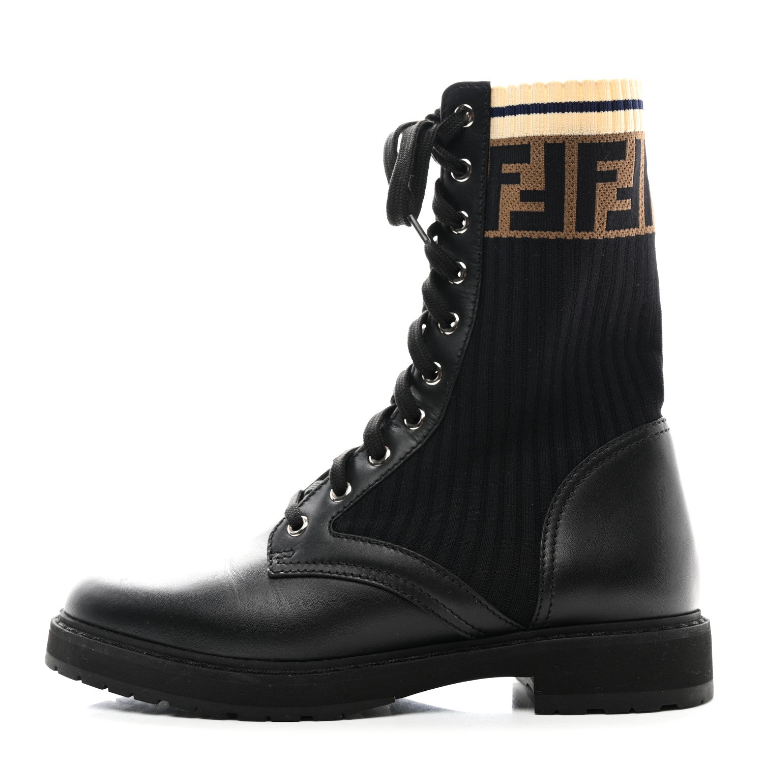 Fendi Calfskin Stretch Fabric Rockoko Biker Boots 38.5 Tobacco Black Marino 1 of 8