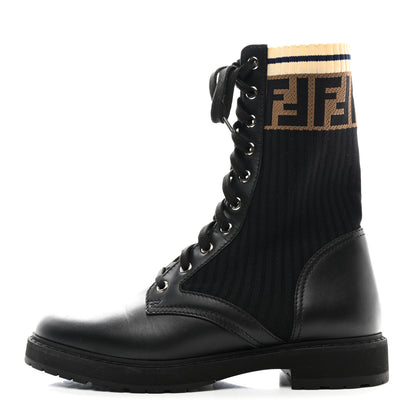 Fendi Calfskin Stretch Fabric Rockoko Biker Boots 38.5 Tobacco Black Marino 1 of 8