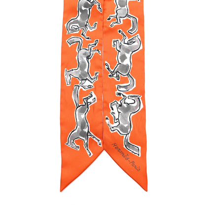 Hermes Silk Chevaux En Liberte Twilly Orange Gris Argent 2 of 6