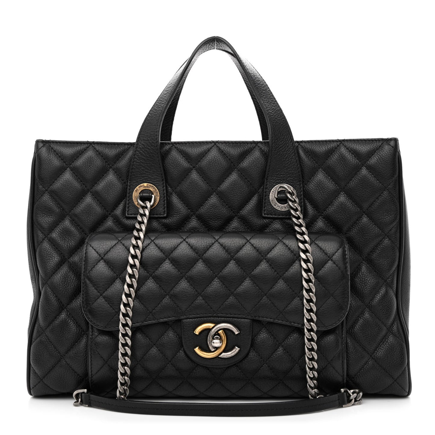 Metallic Grained Calfskin Quilted Large Casual Pocket Tote Black