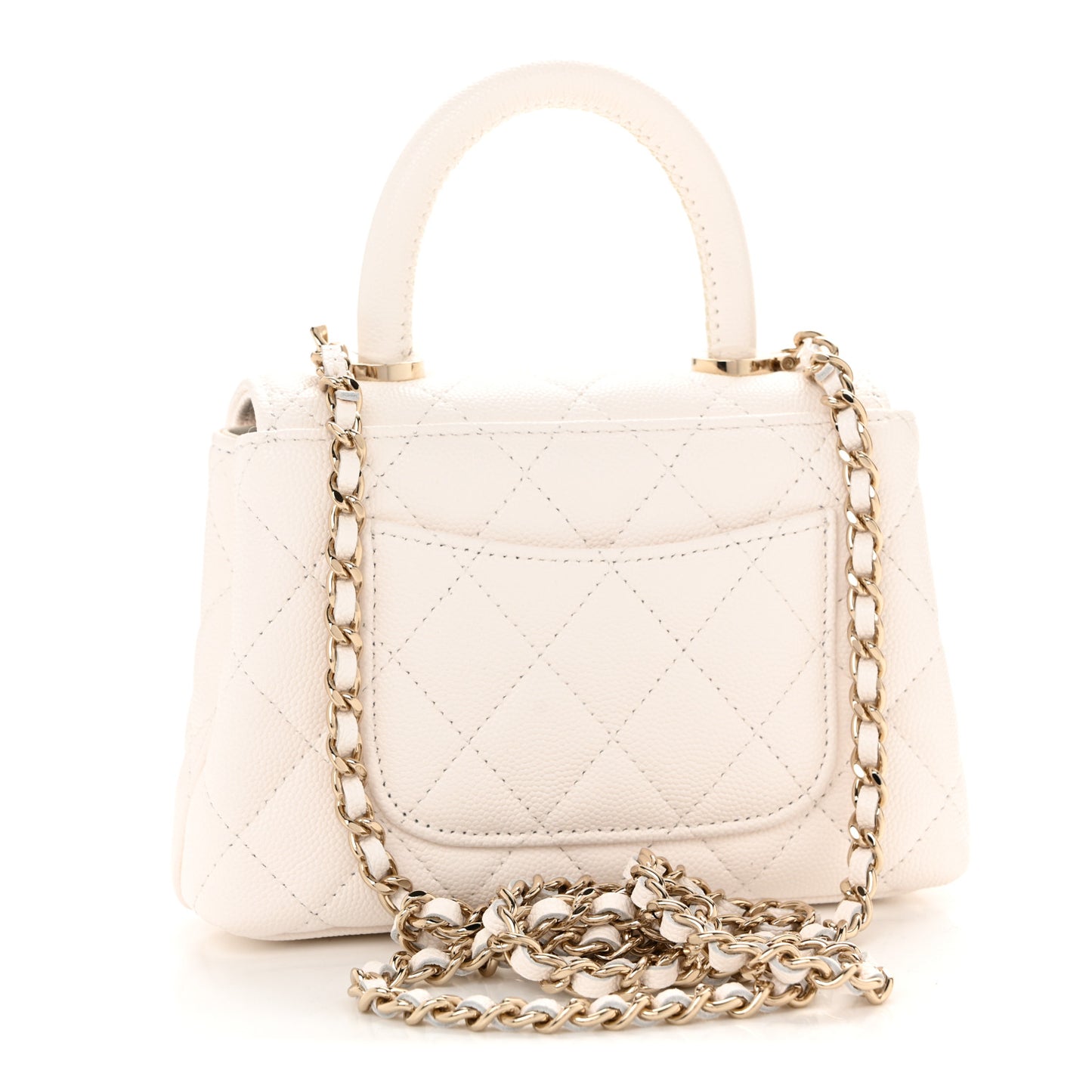 Caviar Quilted Coco Handle Clutch With Chain White