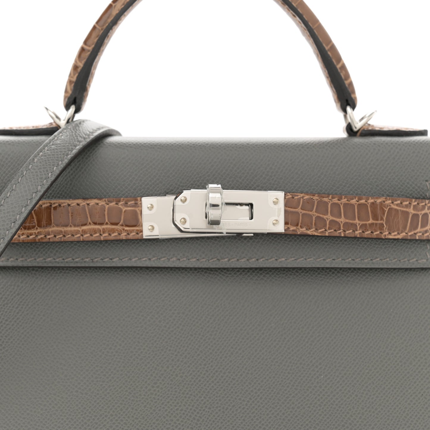Madame Calfskin Shiny Alligator Mini Kelly Sellier Touch 20 Gris Meyer Ficelle
