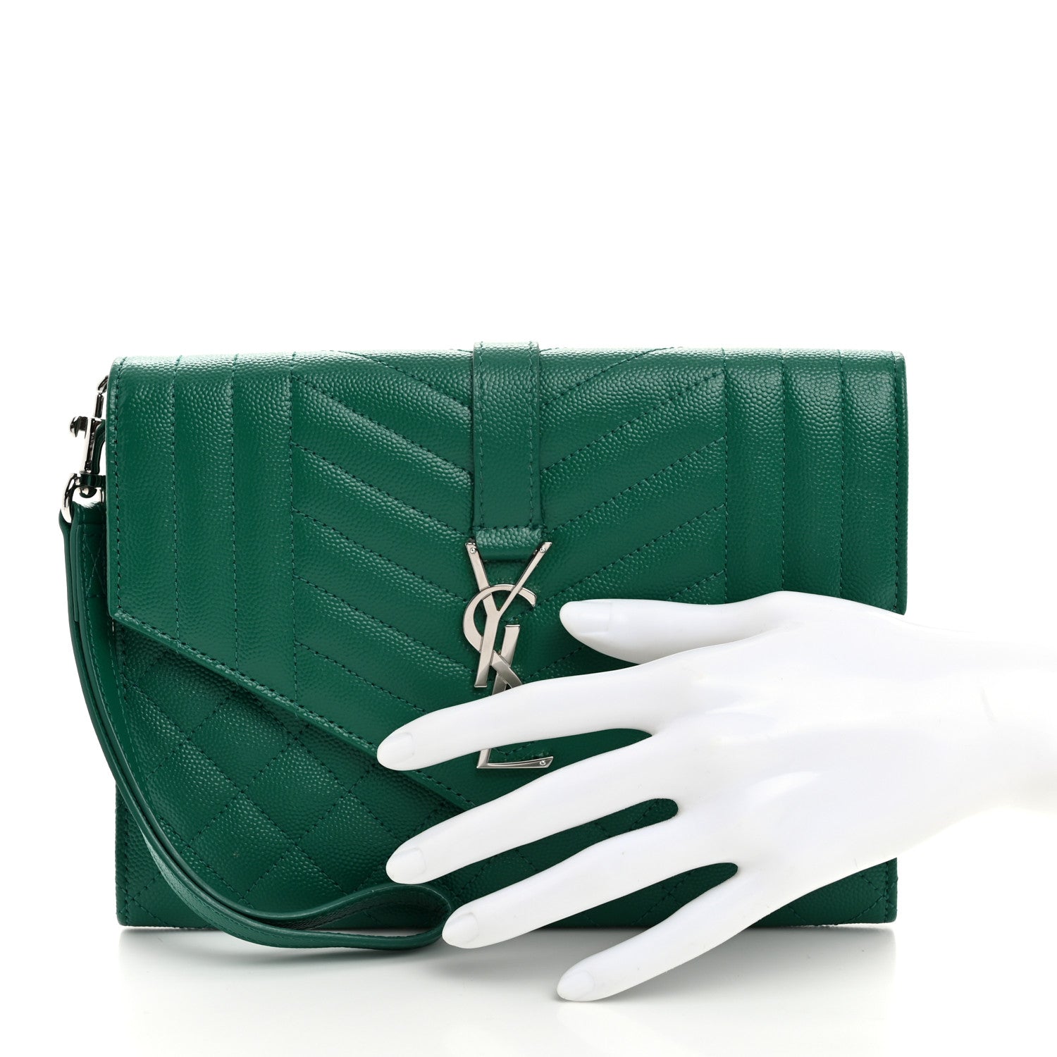 Saint Laurent Grain De Poudre Textured Mixed Matelasse Triquilt Monogram Clutch Green Field 2 of 8