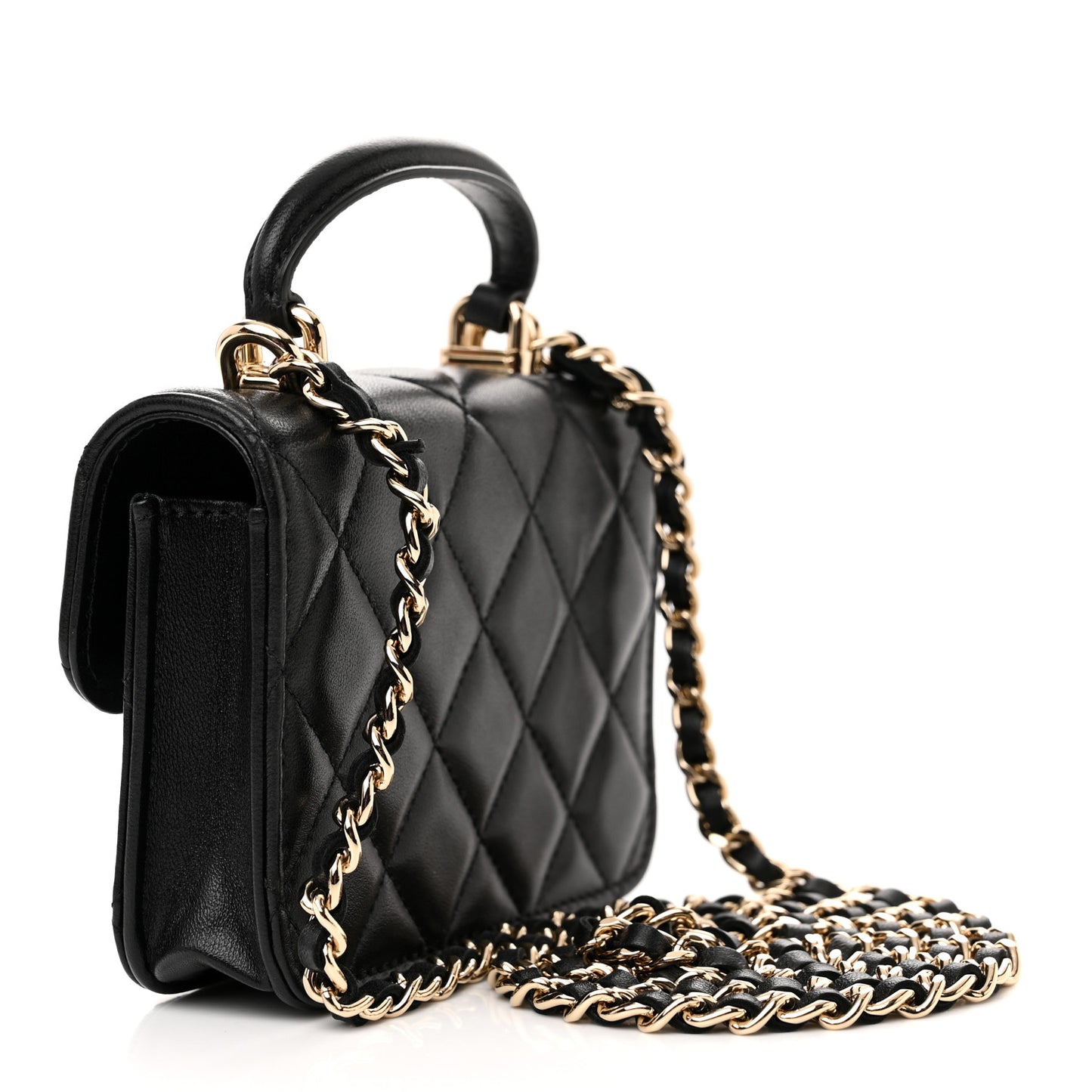 Lambskin Quilted Top Handle Flap Coin Purse With Chain Black