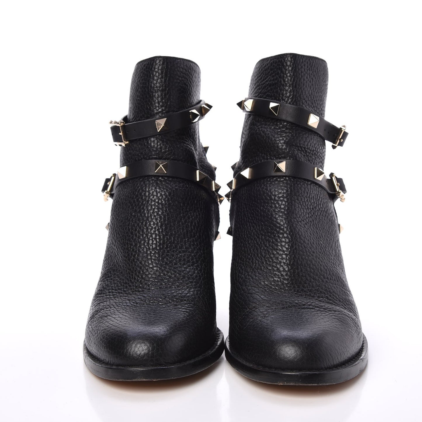 Pebbled Calfskin Rockstud Double Buckle 70mm Block Heel Ankle Boots 38.5 Black