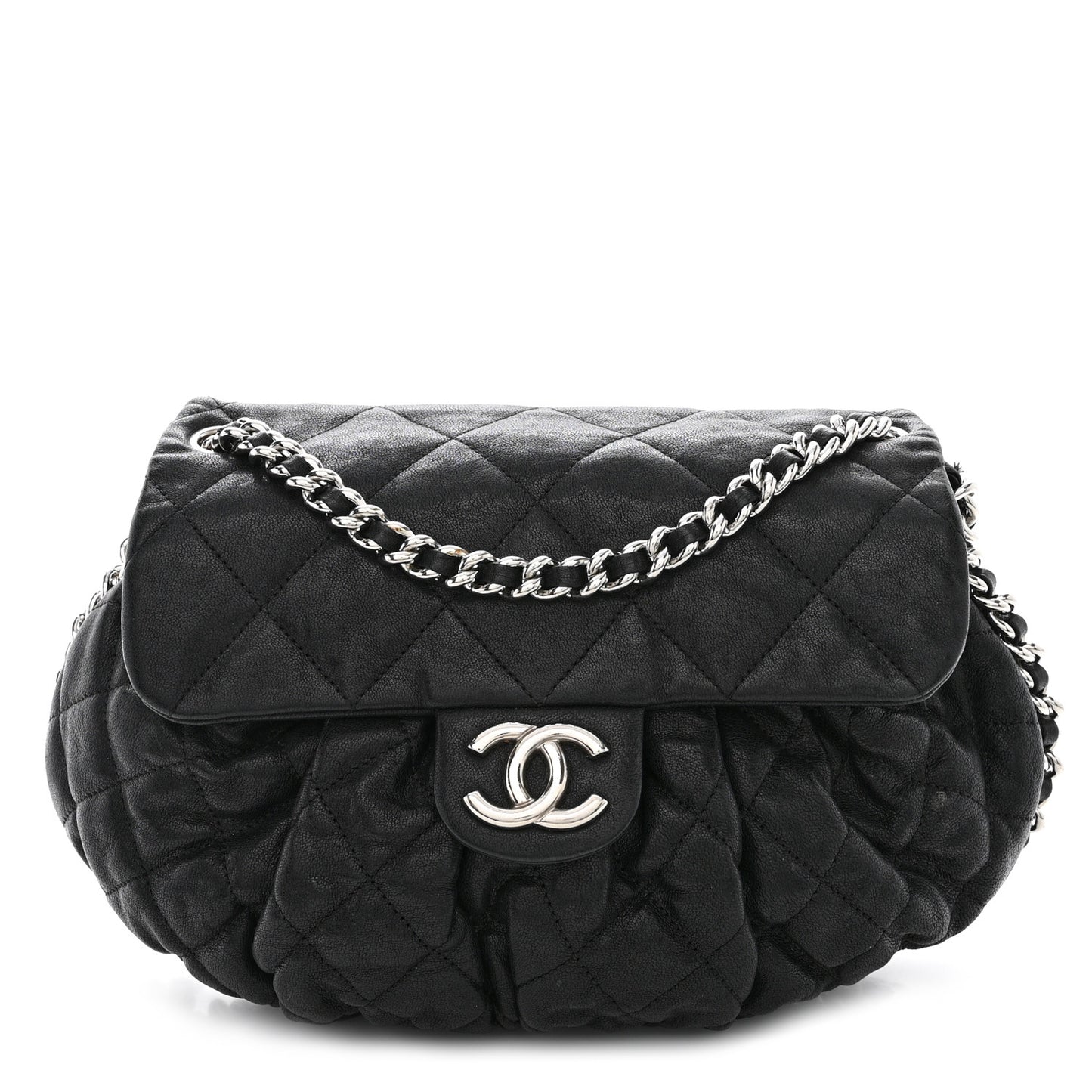 Washed Lambskin Quilted Medium Chain Around Messenger Black
