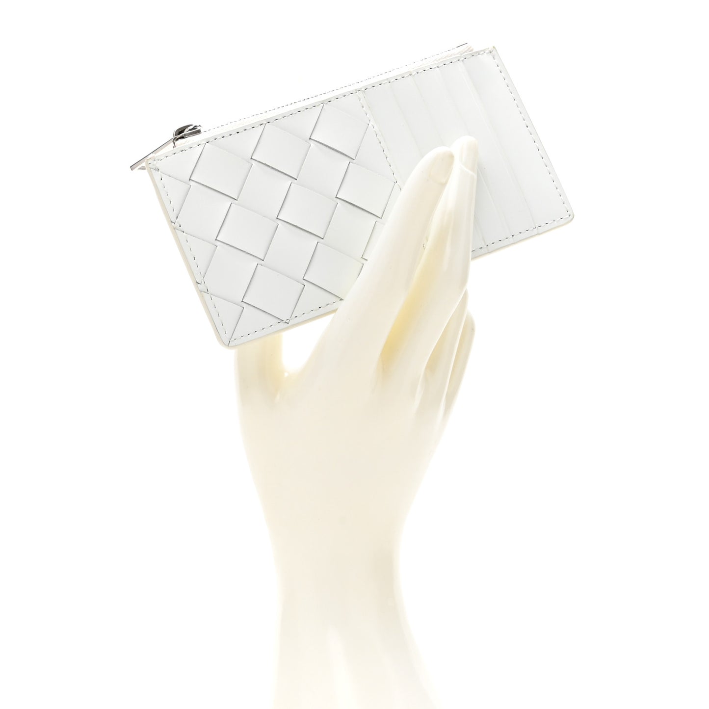 Calfskin Intrecciato Zip Card Holder White