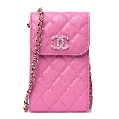 Chanel Caviar Quilted Crystal CC Airpods Pro and Phone Case With Chain Pink 1 of 5