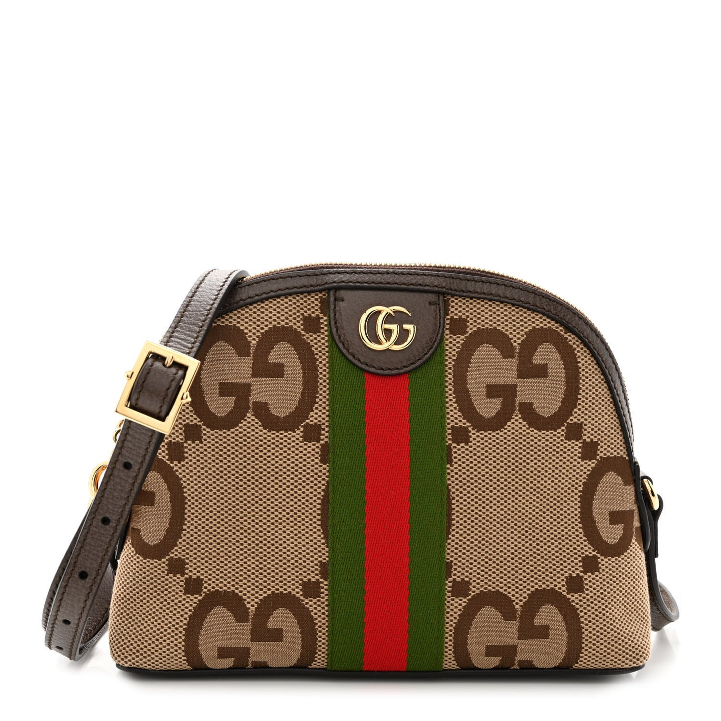 Monogram Jumbo GG Textured Dollar Calfskin Web Small Ophidia Dome Shoulder Bag Camel Ebony New Acero
