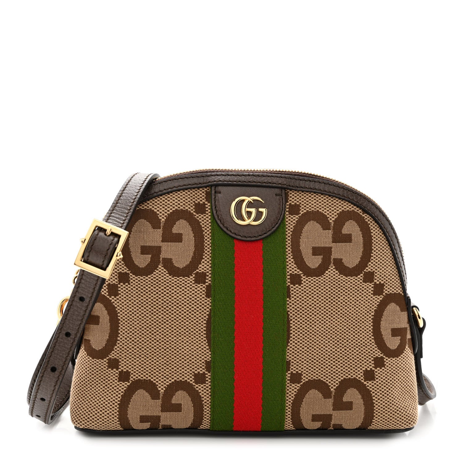 Gucci Monogram Jumbo GG Textured Dollar Calfskin Web Small Ophidia Dome Shoulder Bag Camel Ebony New Acero 1 of 10