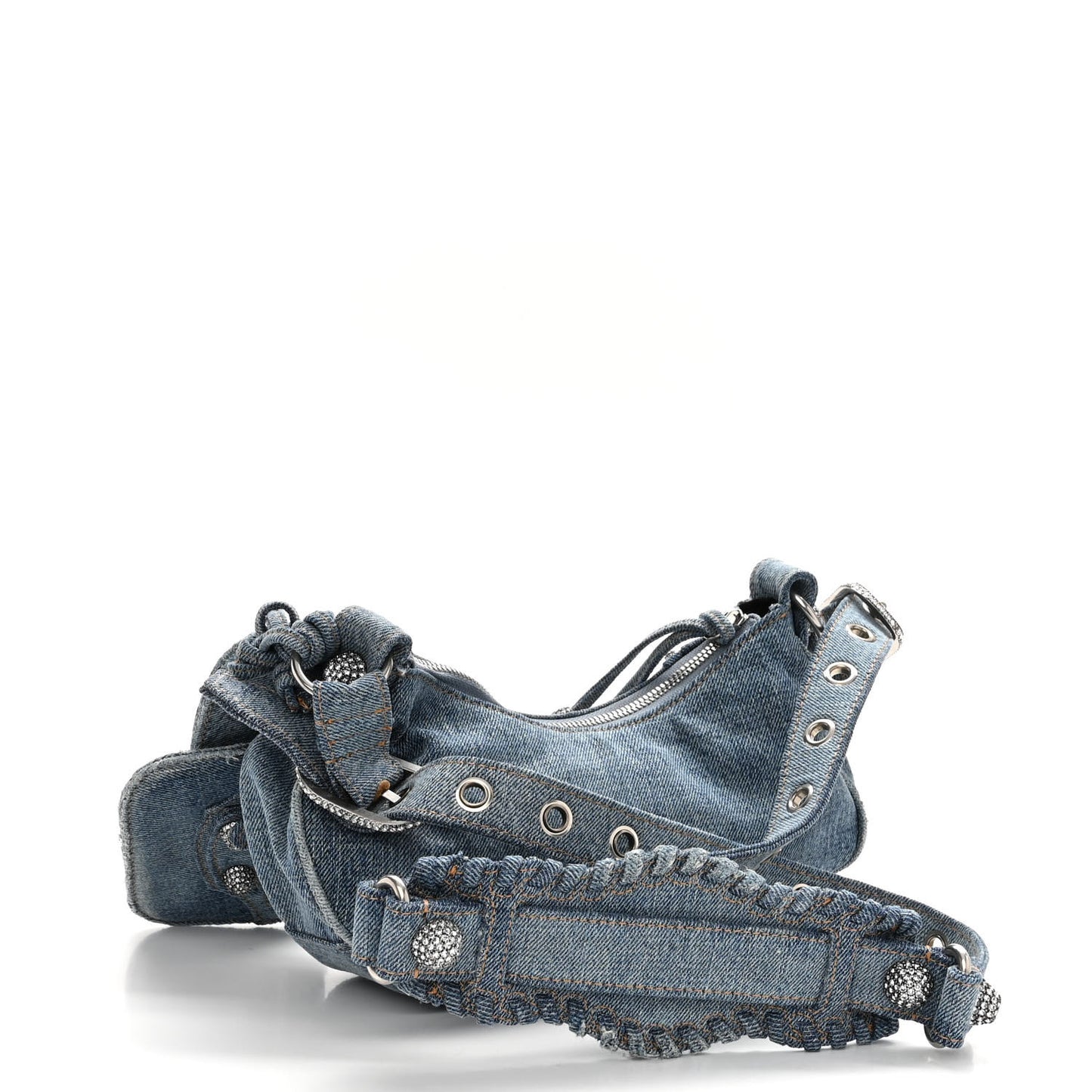 Washed Frayed Denim Crystal Le Cagole Shoulder Bag XS Blue