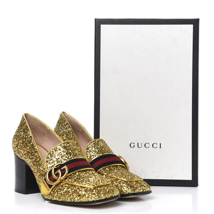Gucci Glitter Nappa Web Peyton 75mm Loafer Pumps 38 Oro Vecchio 10 of 10