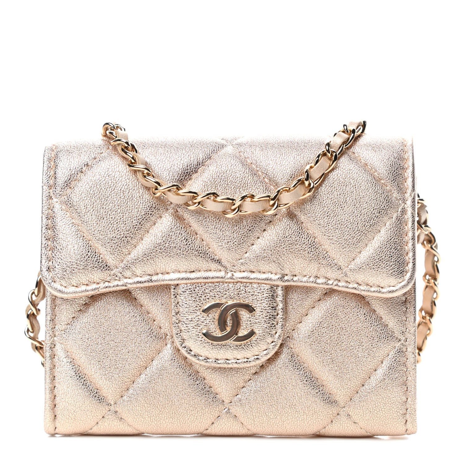 Chanel Metallic Lambskin Quilted Flap Card Holder On Chain Gold 1 of 4