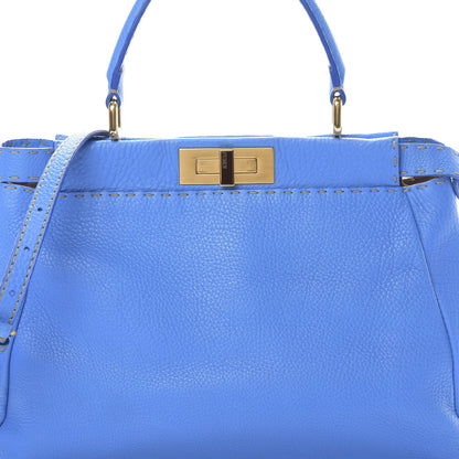 Fendi Cuoio Romano Raffia Selleria Medium Peekaboo Iconic Satchel Blue 9 of 13