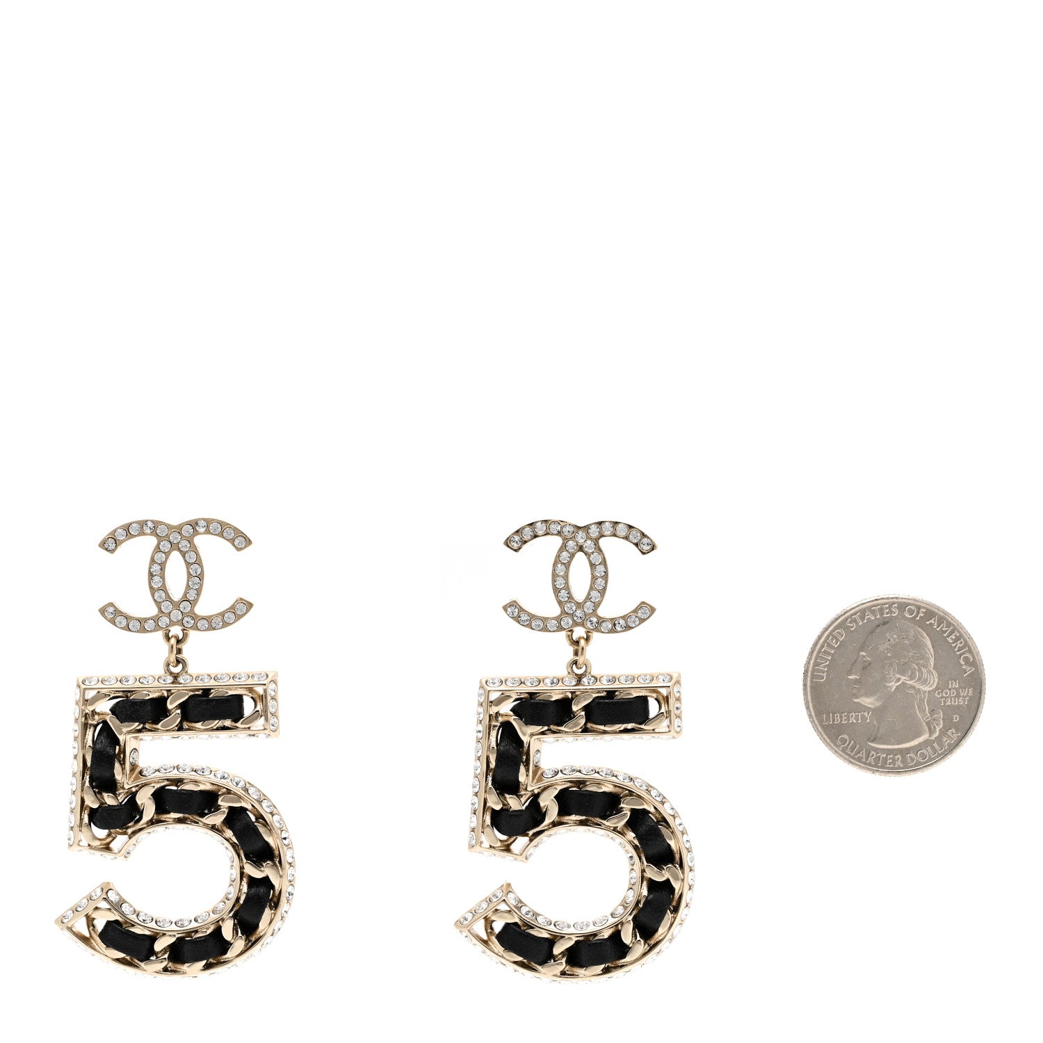 Chanel Crystal Lambskin Chain CC No 5 Drop Earrings Gold Black 2 of 5