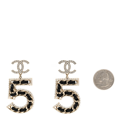 Chanel Crystal Lambskin Chain CC No 5 Drop Earrings Gold Black 2 of 5