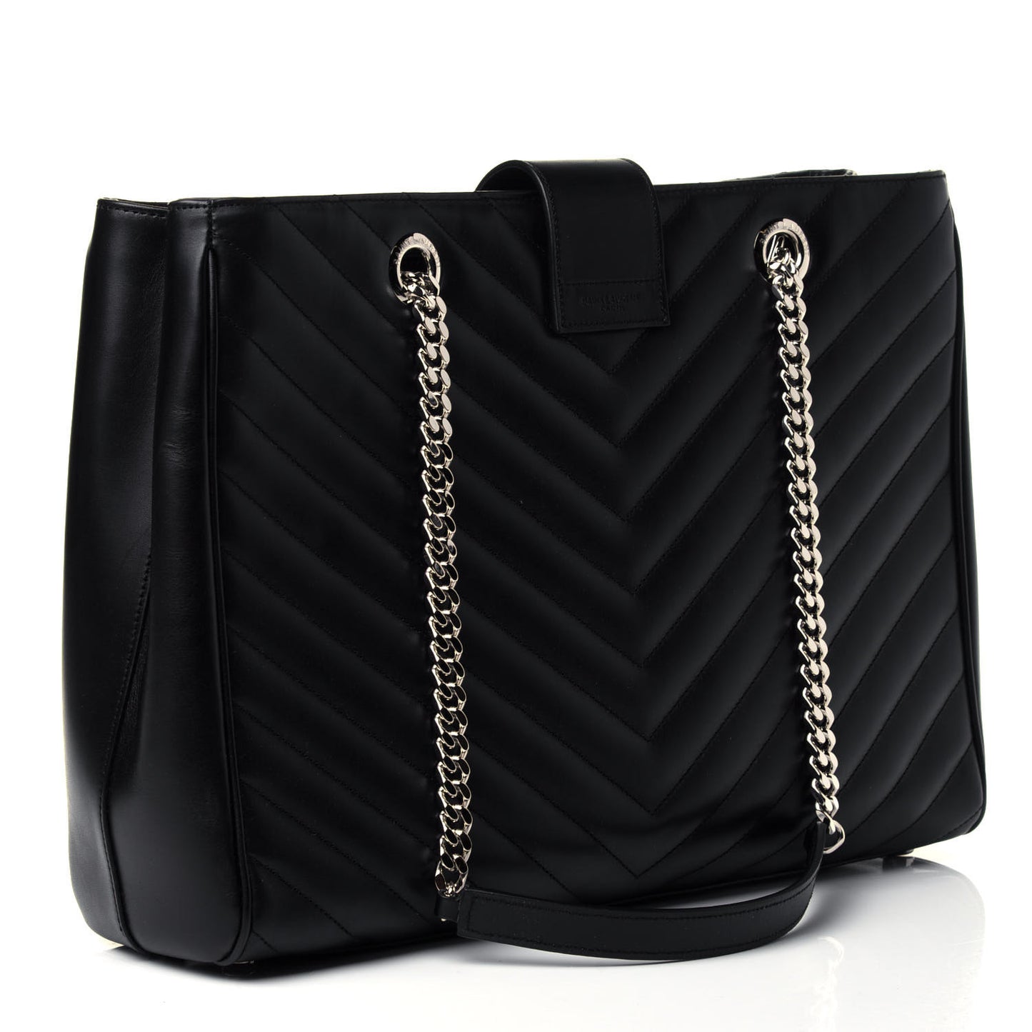 Smooth Calfskin Matelasse Chevron Large Monogram Shopping Bag Black
