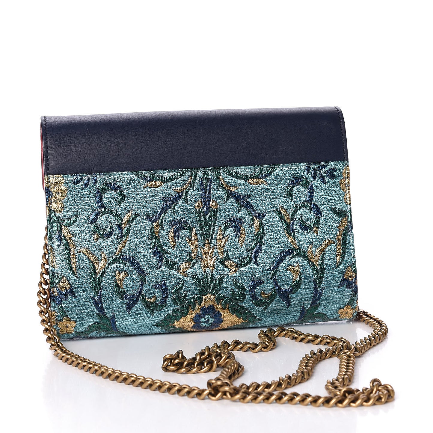 Metallic Brocade Calfskin Mini Dionysus Chain Wallet Black Blue Azure
