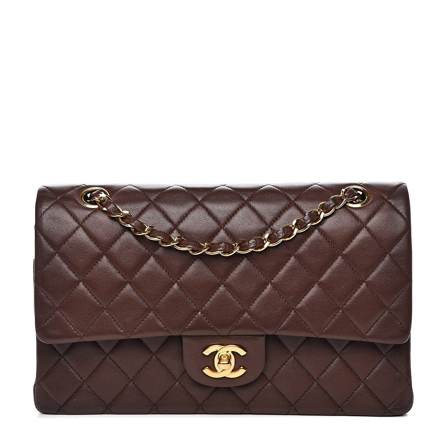 Lambskin Quilted Medium Double Flap Brown