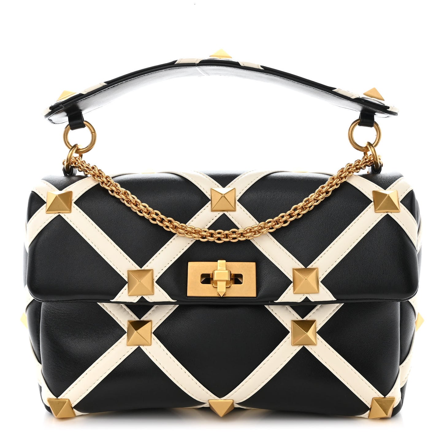 Nappa Large Roman Stud Shoulder Bag Black White