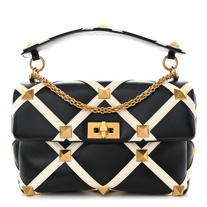Valentino Garavani Nappa Large Roman Stud Shoulder Bag Black White 1 of 9