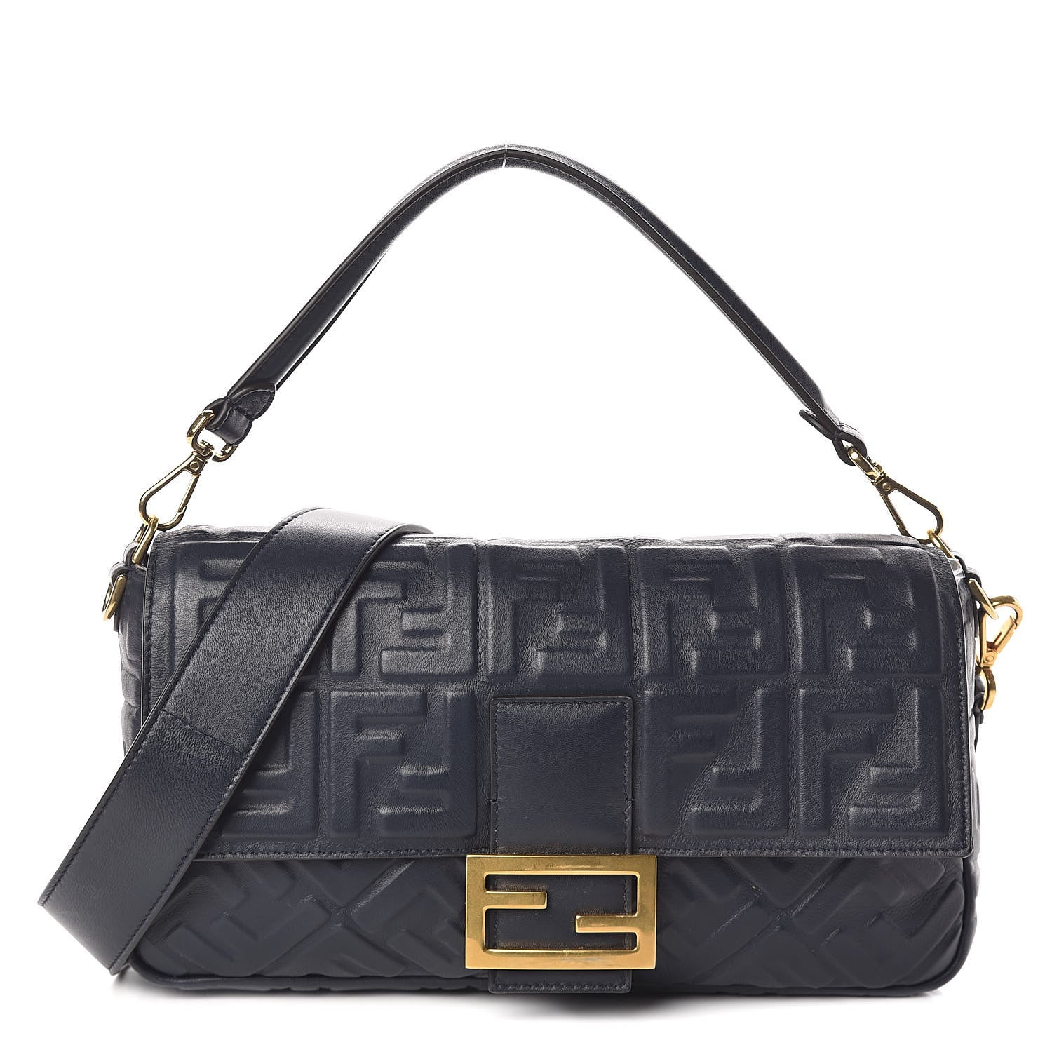 Fendi Nappa FF 1974 Embossed Large Baguette Midnight 1 of 9