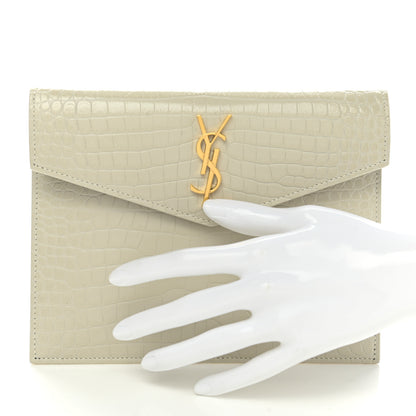 Saint Laurent Calfskin Crocodile Embossed Monogram Uptown Baby Pouch Perle 2 of 8