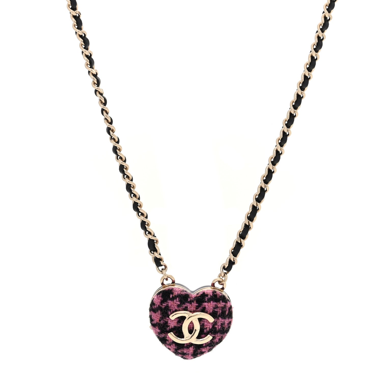 Chanel Tweed Lambskin CC Heart Locket Necklace Gold Black Pink 1 of 5
