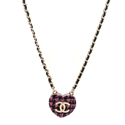 Chanel Tweed Lambskin CC Heart Locket Necklace Gold Black Pink 1 of 5