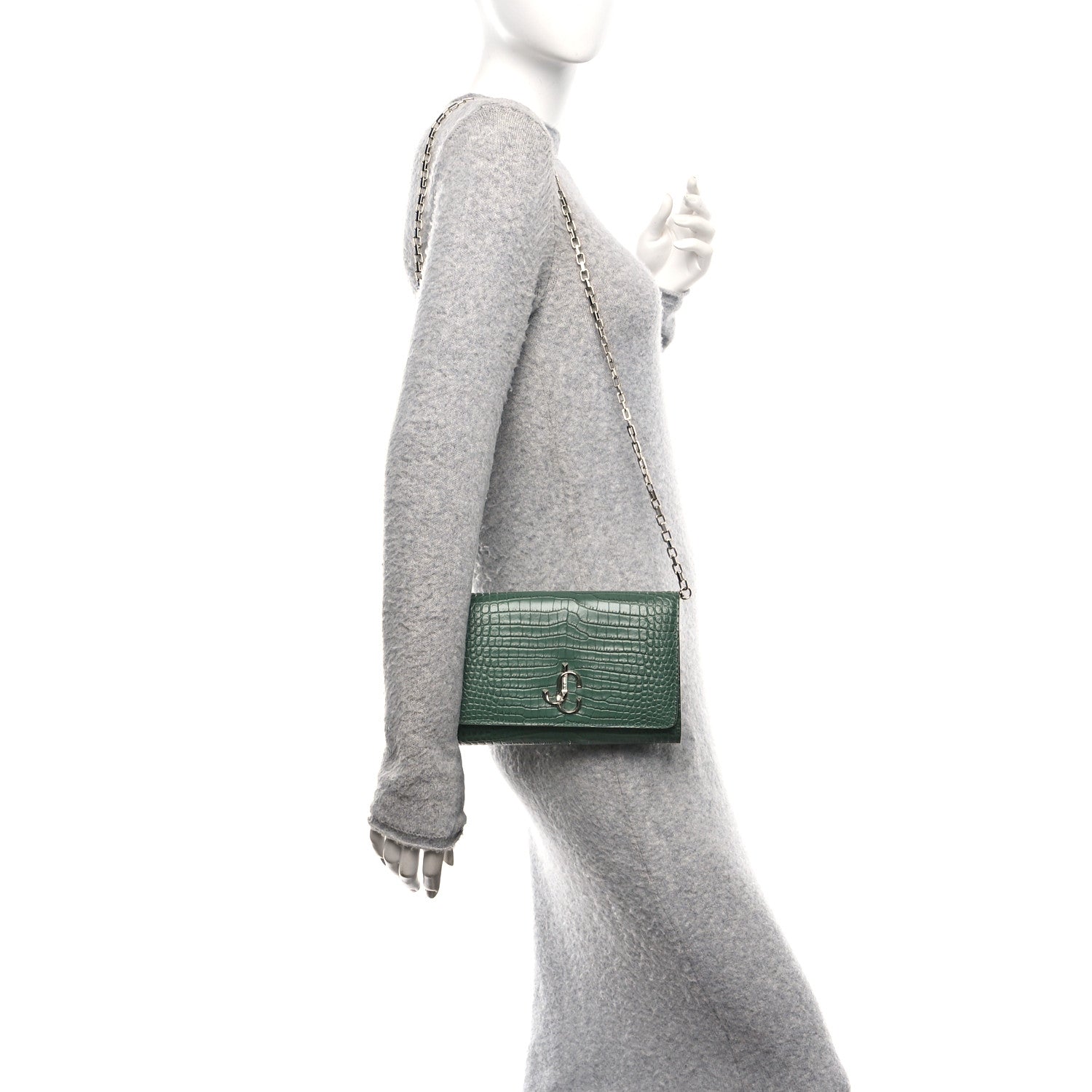 Jimmy Choo Calfskin Crocodile Embossed Varenne Chain Clutch Dark Green 2 of 9