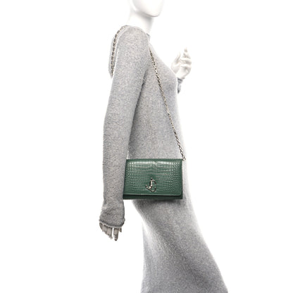 Jimmy Choo Calfskin Crocodile Embossed Varenne Chain Clutch Dark Green 2 of 9