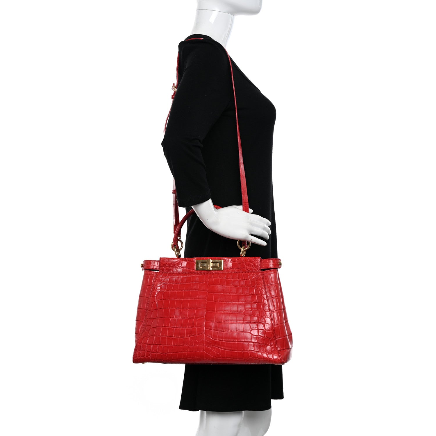 Fendi Shiny Crocodile Shiny Nappa Medium Peekaboo Iconic Satchel Red 2 of 10