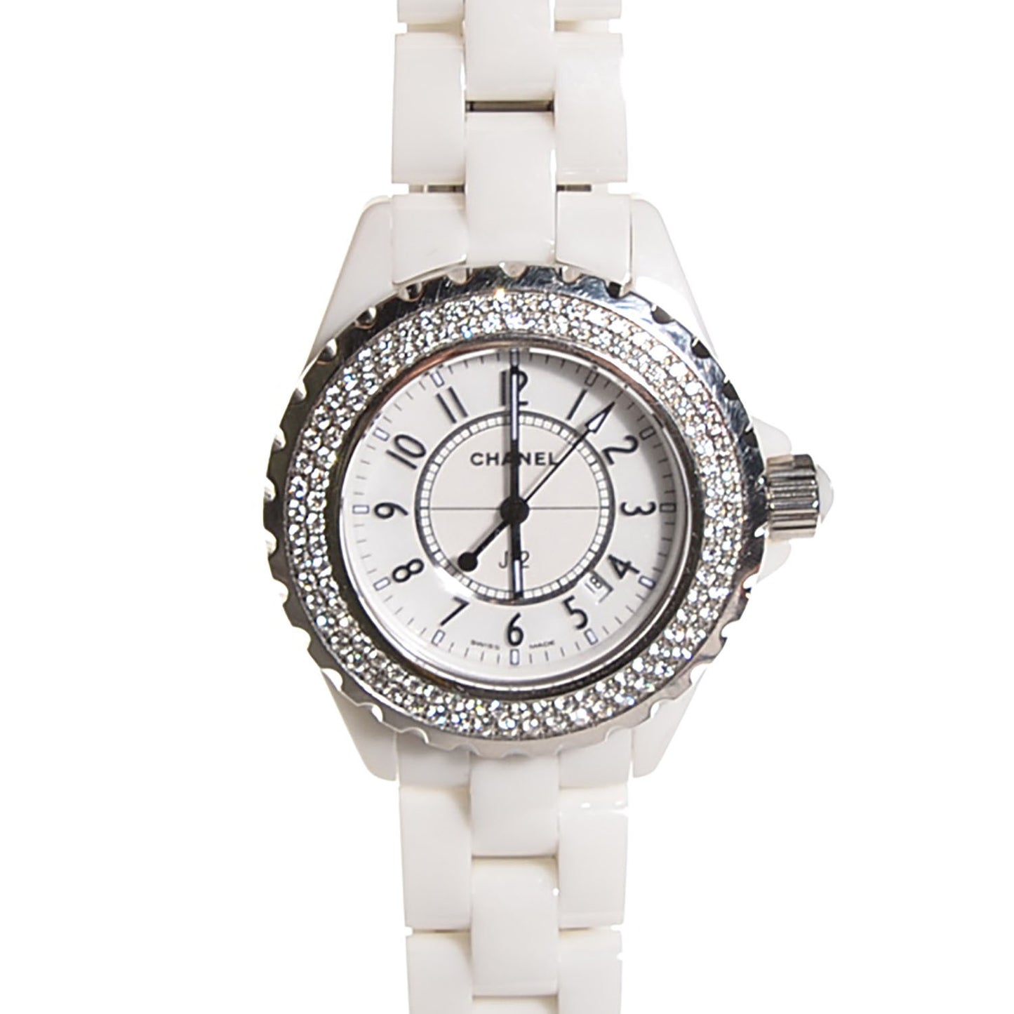 Stainless Steel Ceramic Diamond Pave Bezel 33mm J12 Quartz Watch White