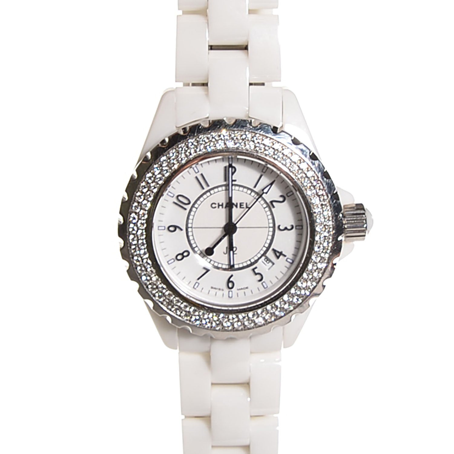 Chanel Stainless Steel Ceramic Diamond Pave Bezel 33mm J12 Quartz Watch White 1 of 6