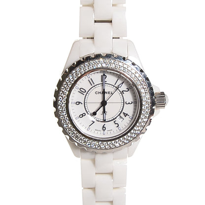 Chanel Stainless Steel Ceramic Diamond Pave Bezel 33mm J12 Quartz Watch White 1 of 6