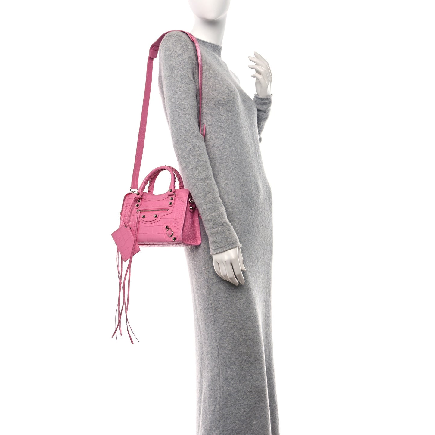 Shiny Supple Calfskin Crocodile Embossed Classic Silver Hardware Mini City Baby Pink