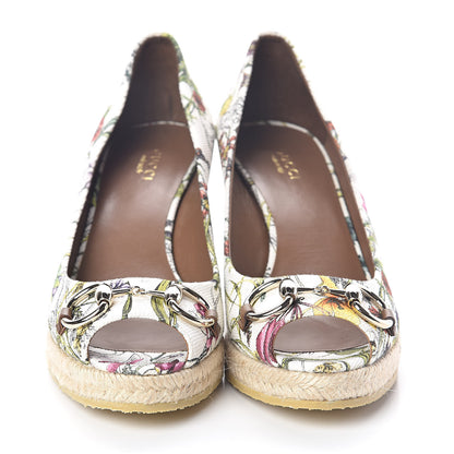 Gucci Canvas Flora Infinity Horsebit Peep Toe Wedges 38 White Multicolor Acero 2 of 6