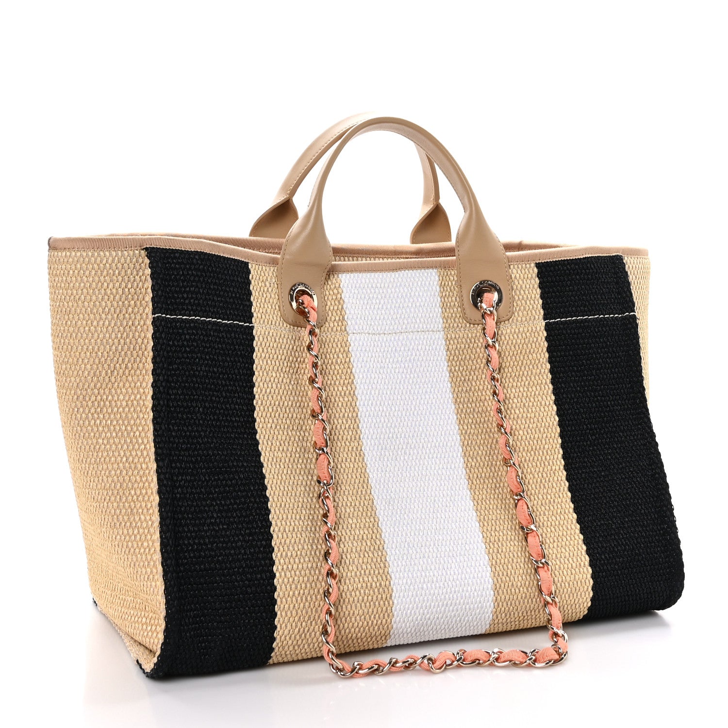 Chanel Straw Raffia Calfskin Striped Medium Deauville Tote Black Beige Ivory 3 of 11