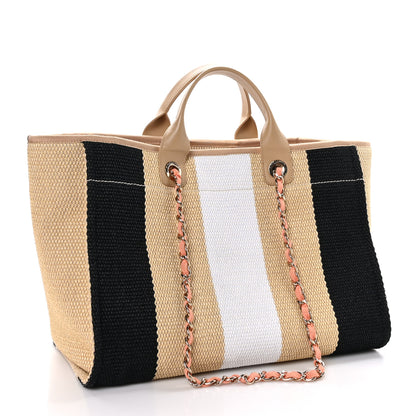 Chanel Straw Raffia Calfskin Striped Medium Deauville Tote Black Beige Ivory 3 of 11