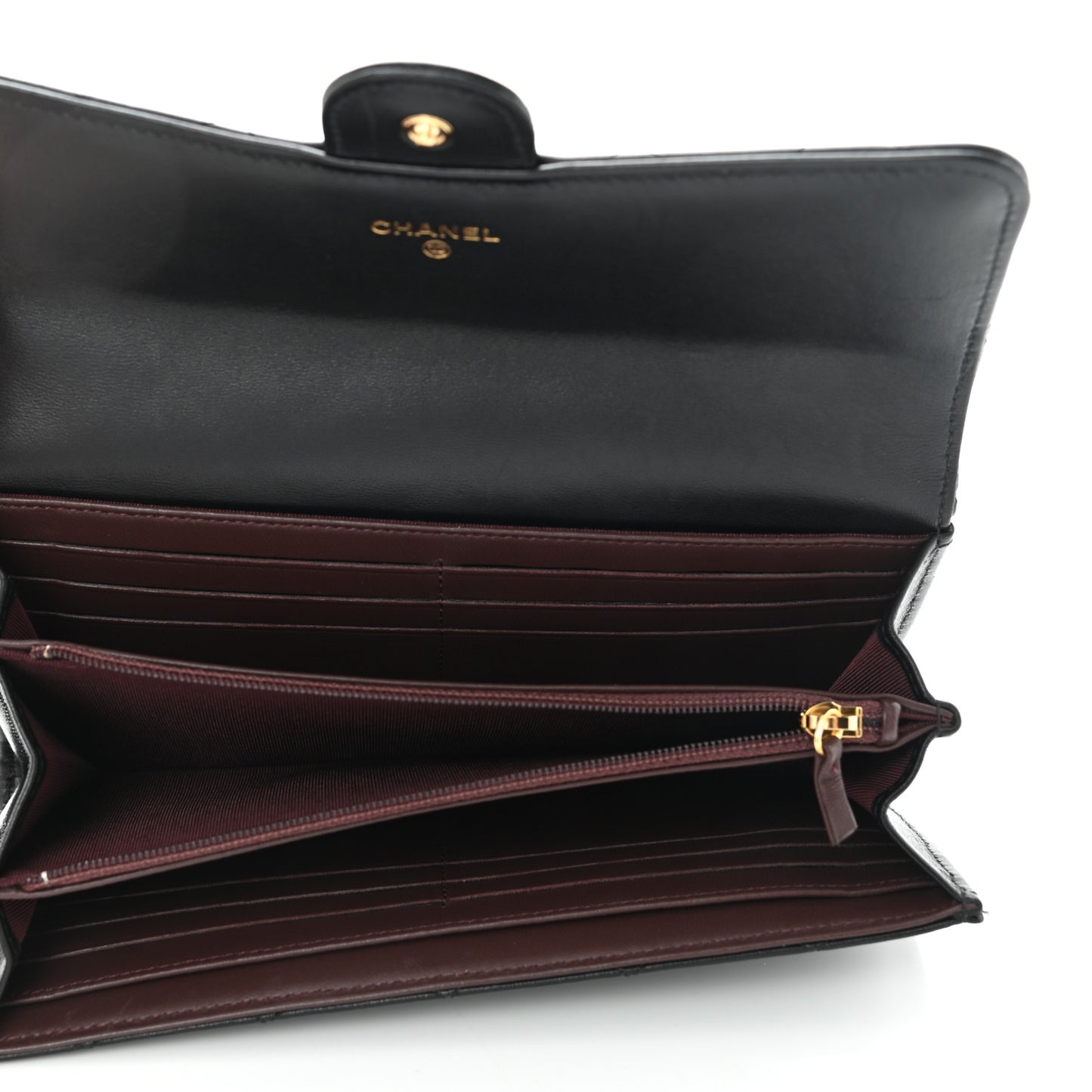 Lambskin Quilted Large Gusset Flap Wallet Black