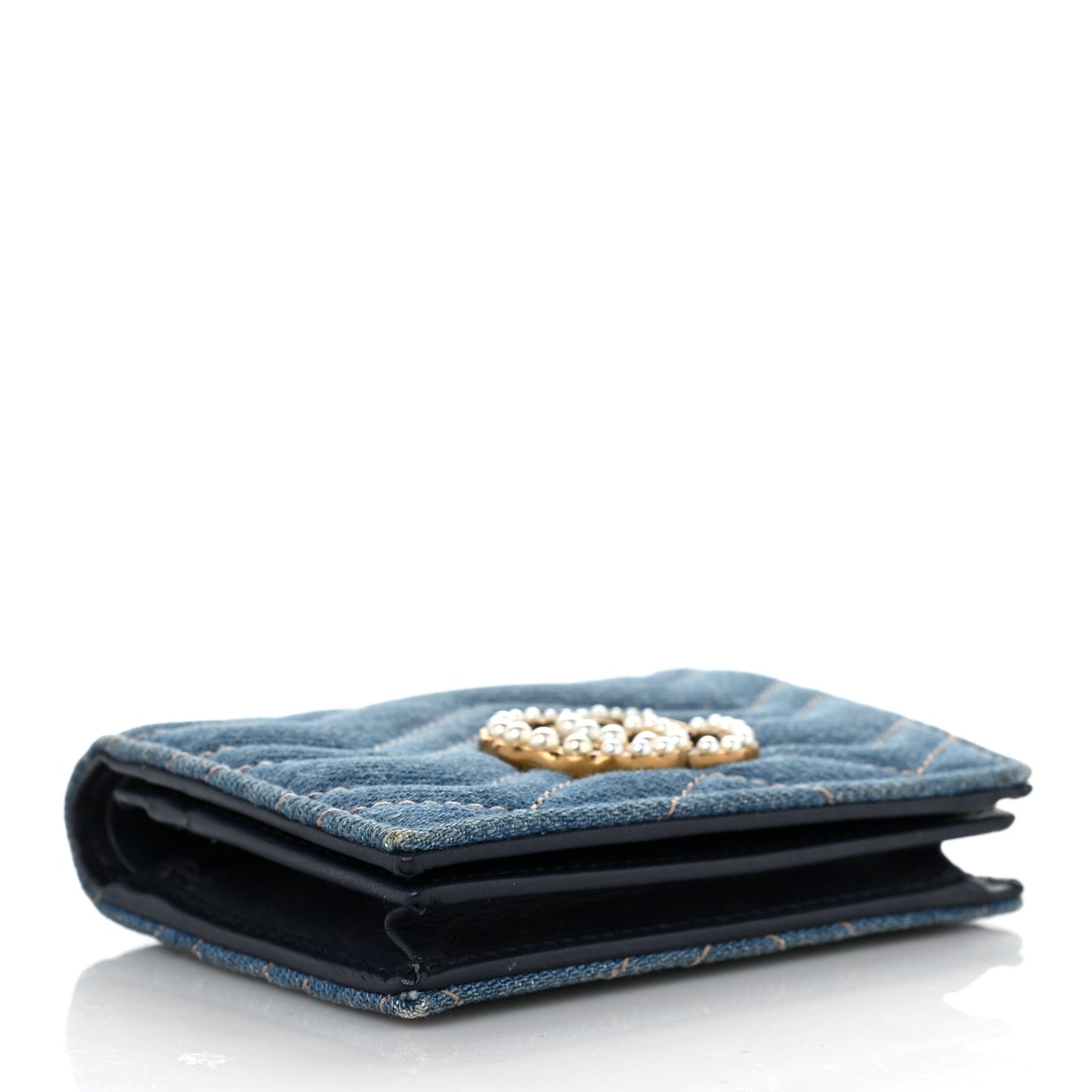 Denim Matelasse Pearly GG Marmont Card Case Wallet Blue