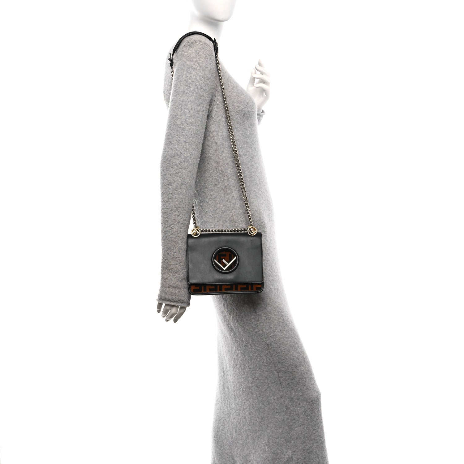 Fendi Vitello Century Velvet F is Fendi FF Small Kan I Shoulder Bag Black Tobacco 2 of 9