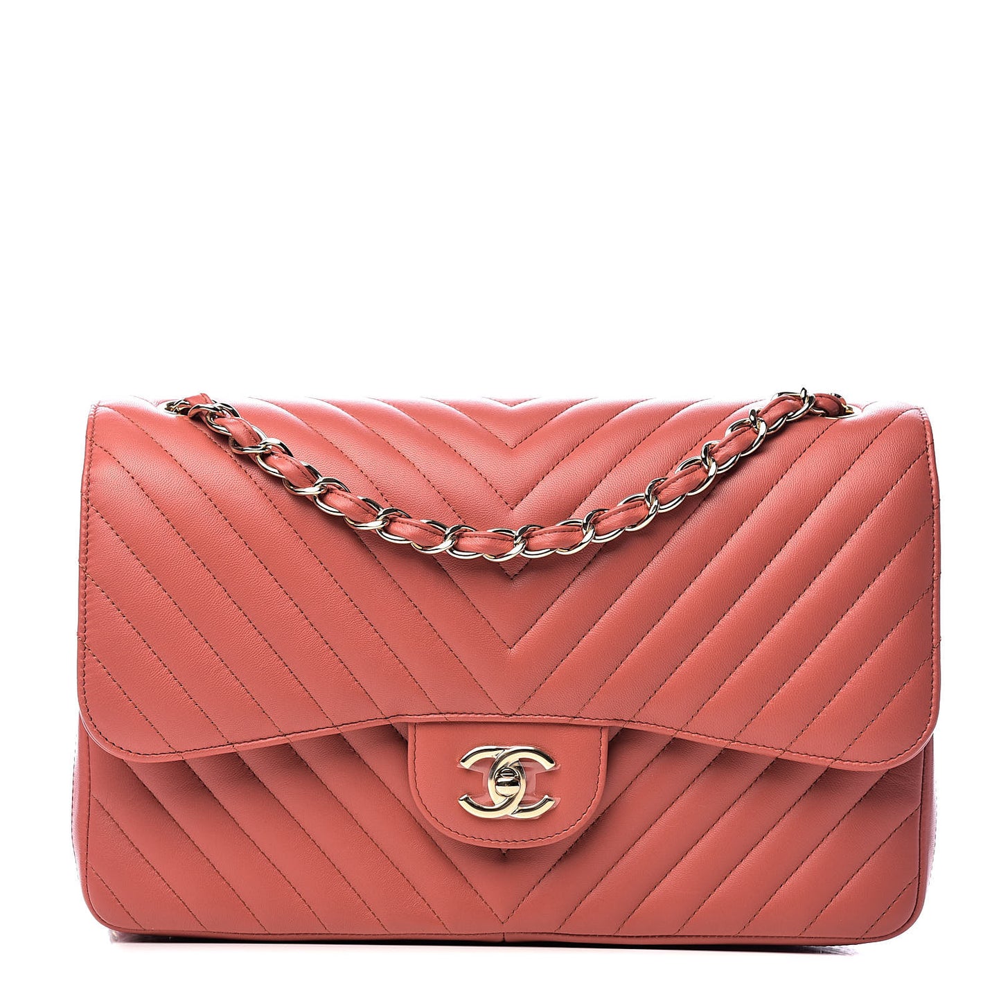 Lambskin Chevron Quilted Jumbo Double Flap Coral