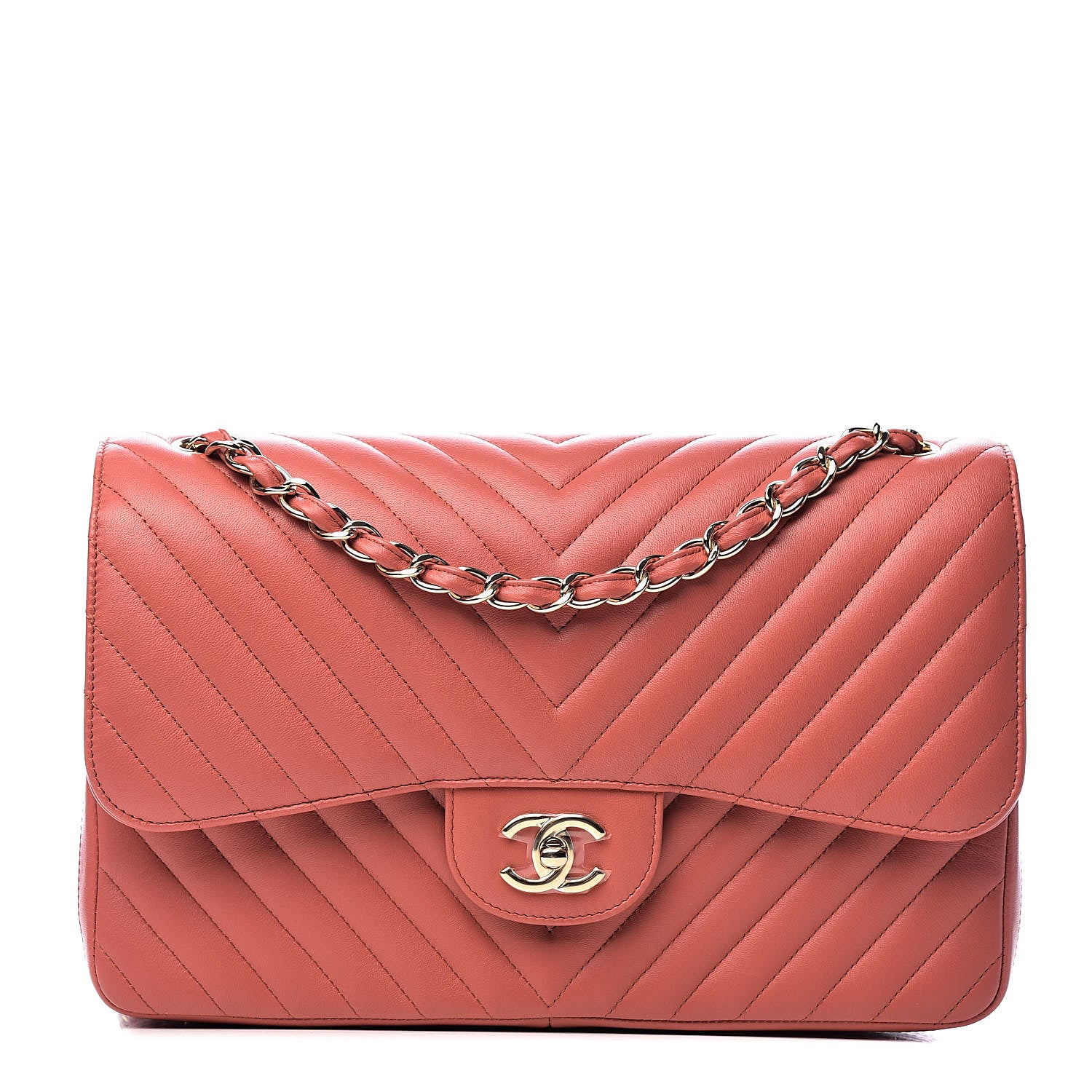 Chanel Lambskin Chevron Quilted Jumbo Double Flap Coral 1 of 13