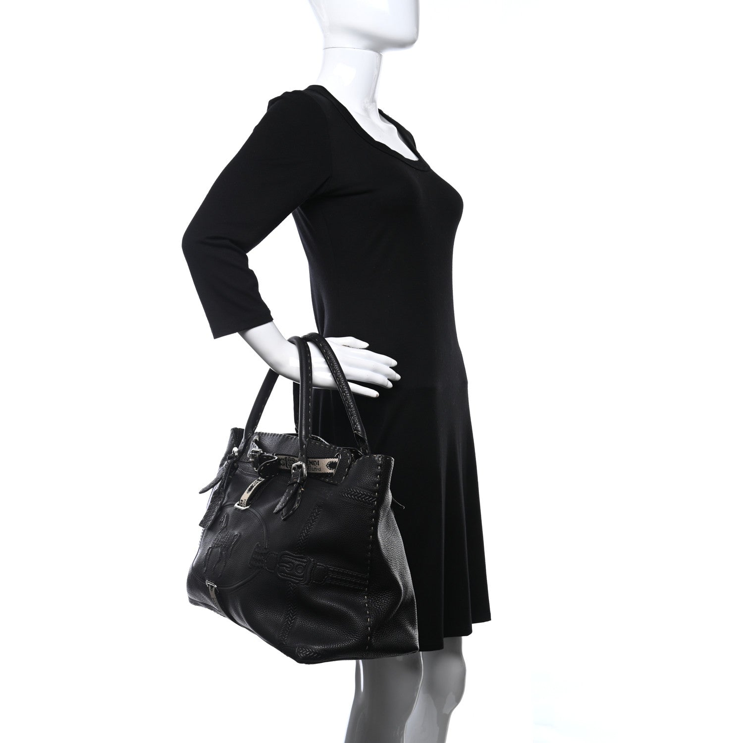 Fendi Metallic Calfskin Romano Selleria Large Villa Borghese Tote Black 2 of 8