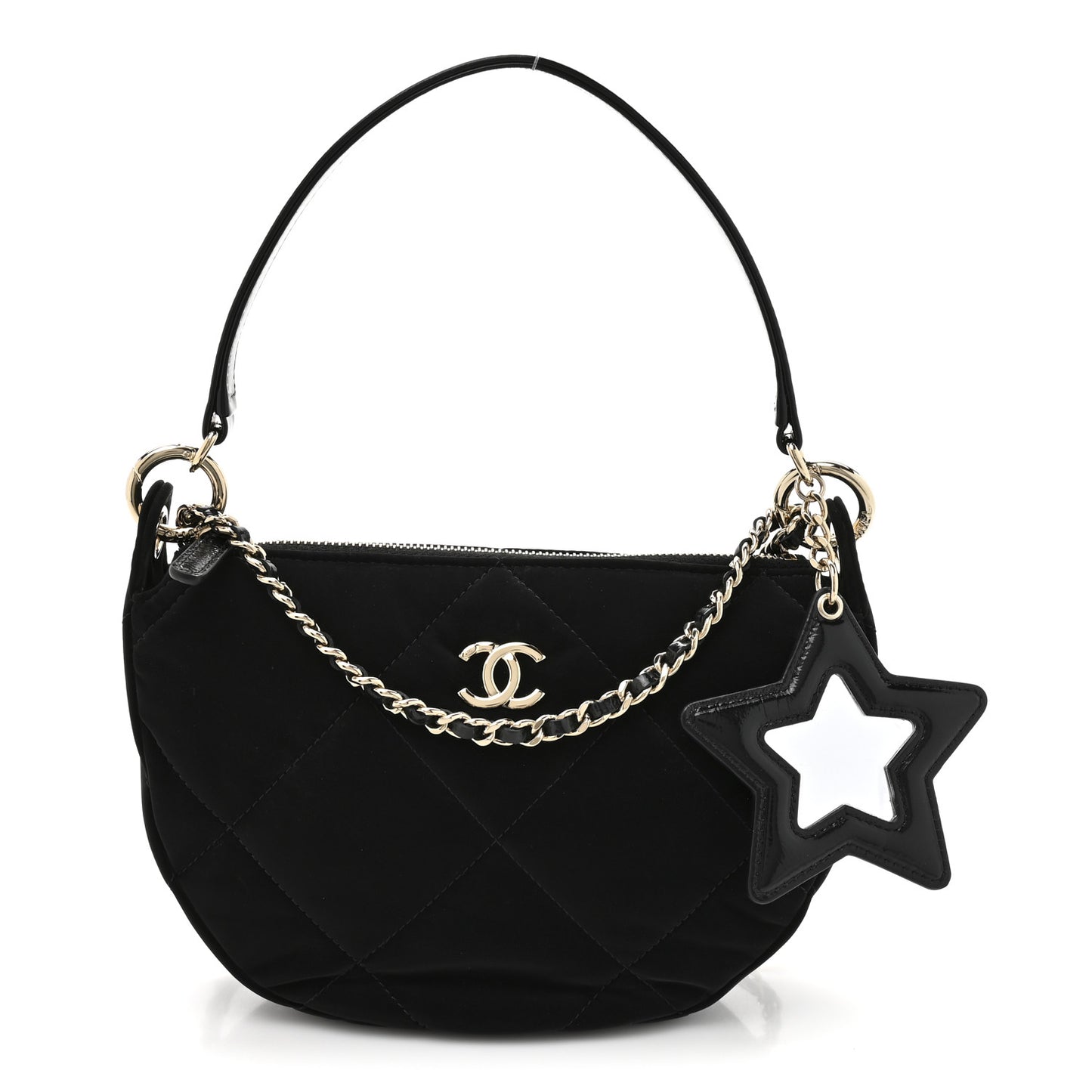 Velvet Effect Nylon Shiny Crumpled Calfskin Coco Neige Quilted Clutch With Chain Black